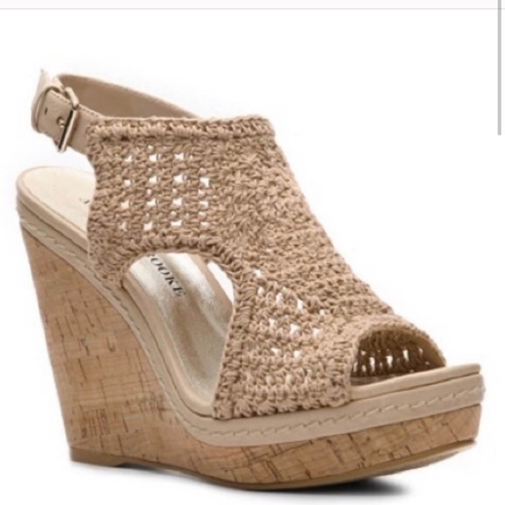 Audrey Brooke Crochet Cork Wedges Nude Tan